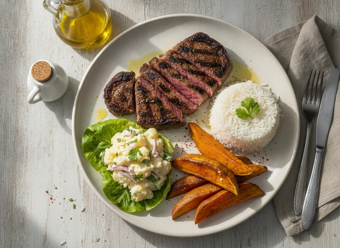 Filete de ternera con arroz, boniato y ensalada de patata photo