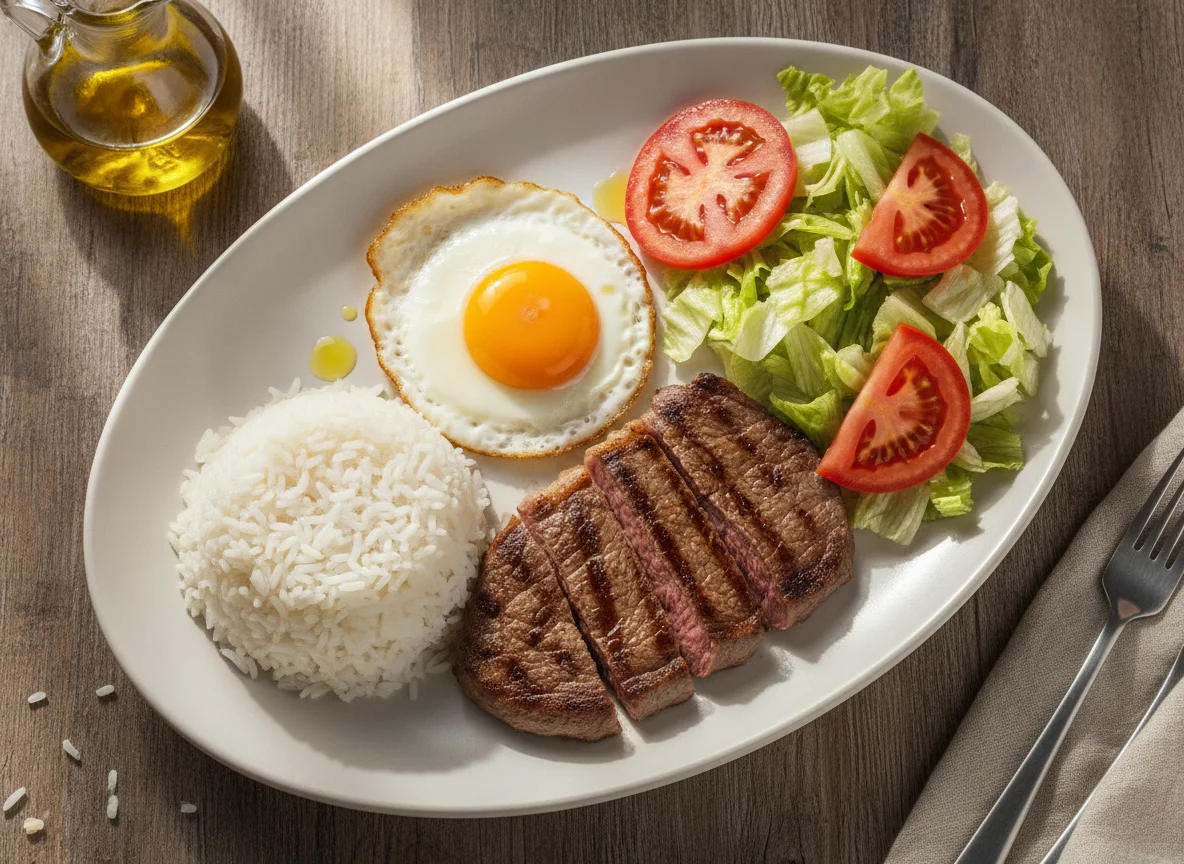 Filete de ternera con arroz, huevo frito y ensalada photo