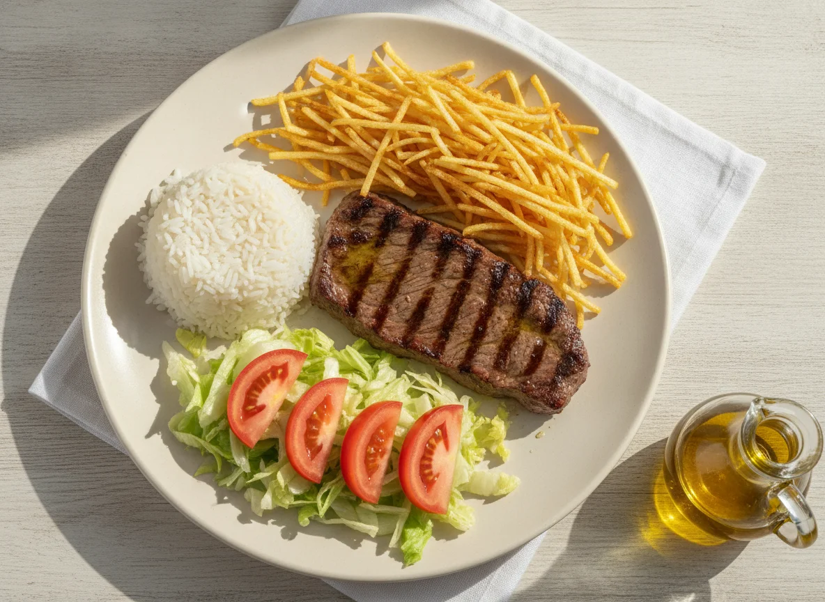 Filete de ternera con arroz, patatas paja y ensalada photo