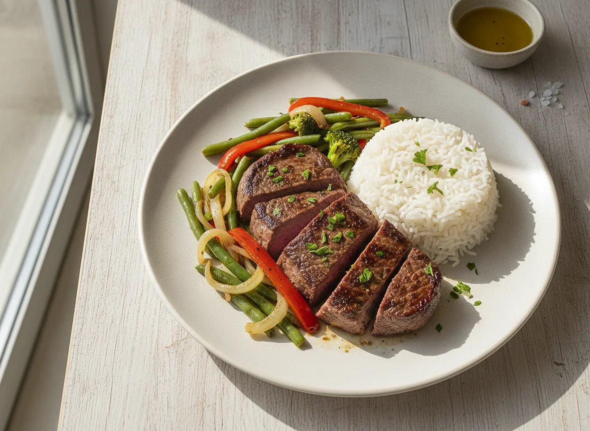 Filete de ternera con arroz y verduras salteadas photo