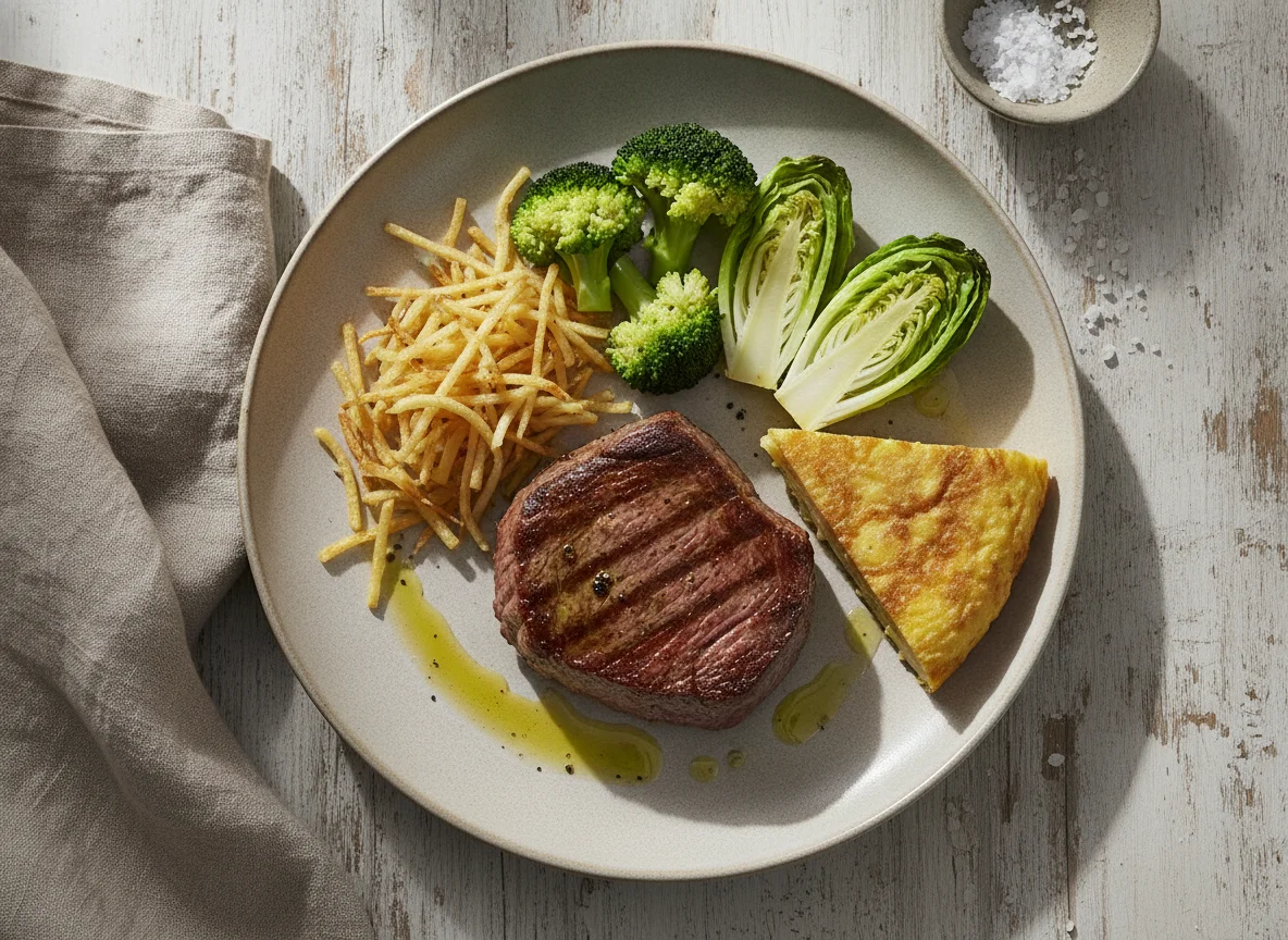 Filete de ternera con brócoli, patatas y cogollos photo