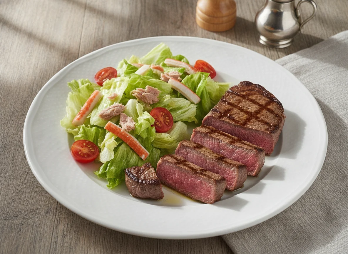 Filete de ternera con ensalada de atún y surimi photo
