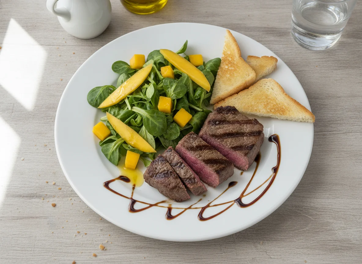 Filete de ternera con ensalada de canónigos, mango y pan tostado photo