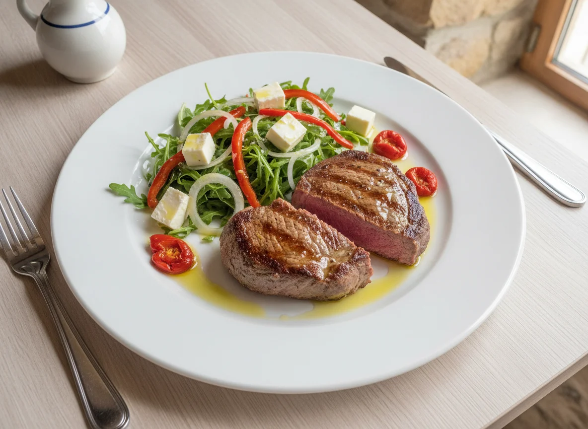 Filete de ternera con ensalada de canónigos y pimientos photo