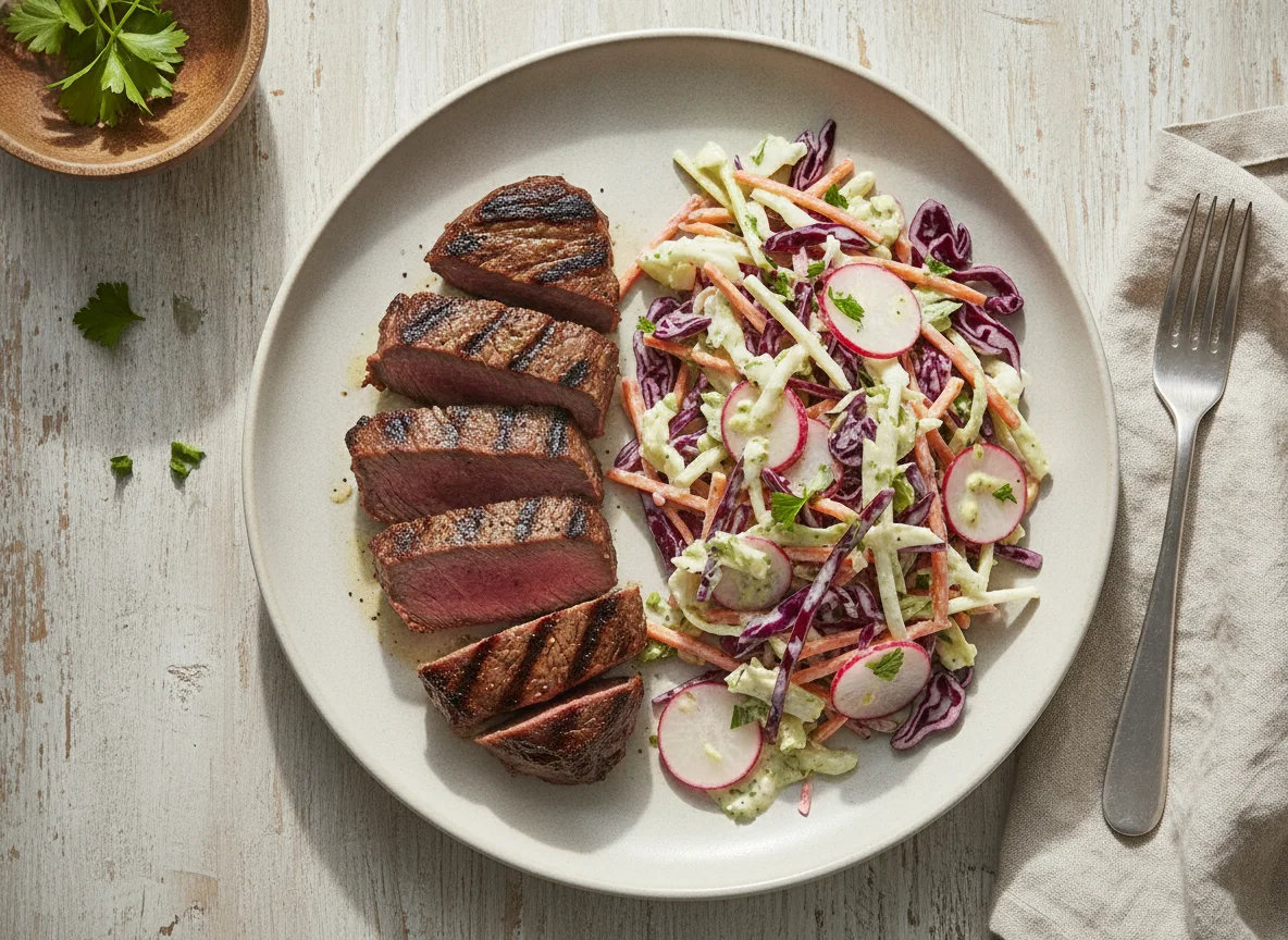 Filete de ternera con ensalada de col y zanahoria photo
