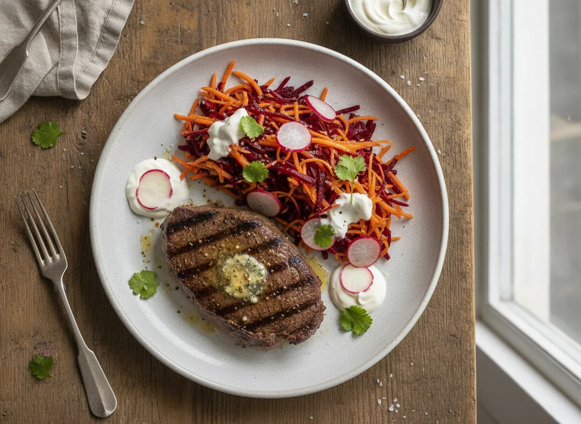 Filete de ternera con ensalada de remolacha y zanahoria photo