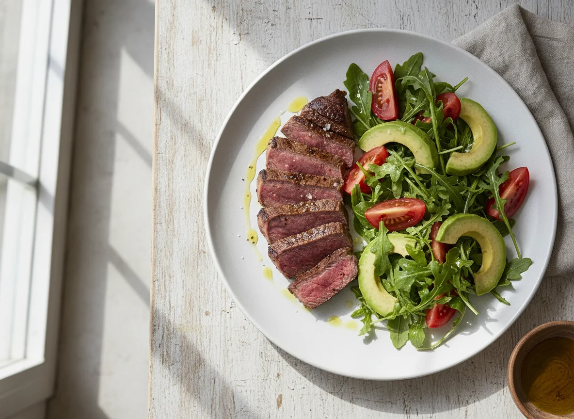 Filete de ternera con ensalada de rúcula, tomate y aguacate photo