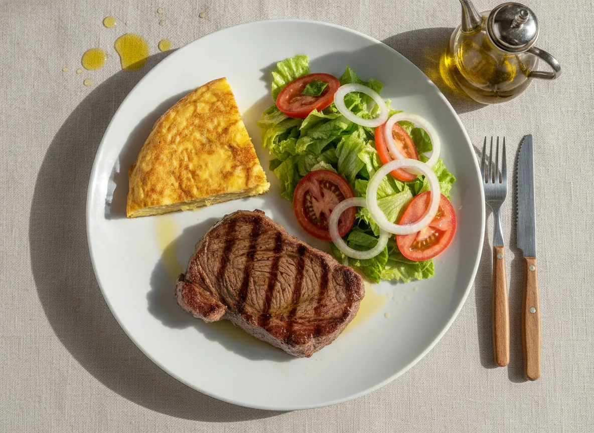 Filete de ternera con ensalada mixta y tortilla photo