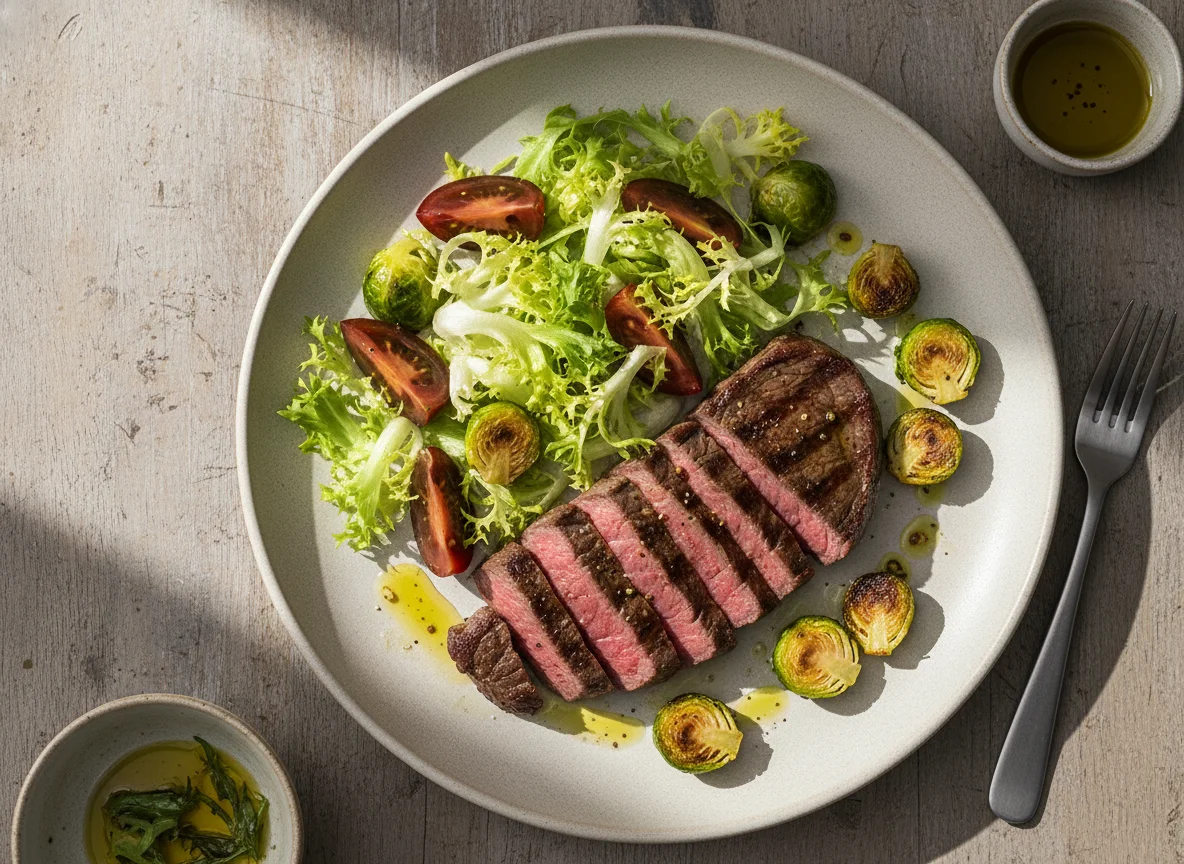 Filete de ternera con ensalada y coles de Bruselas photo