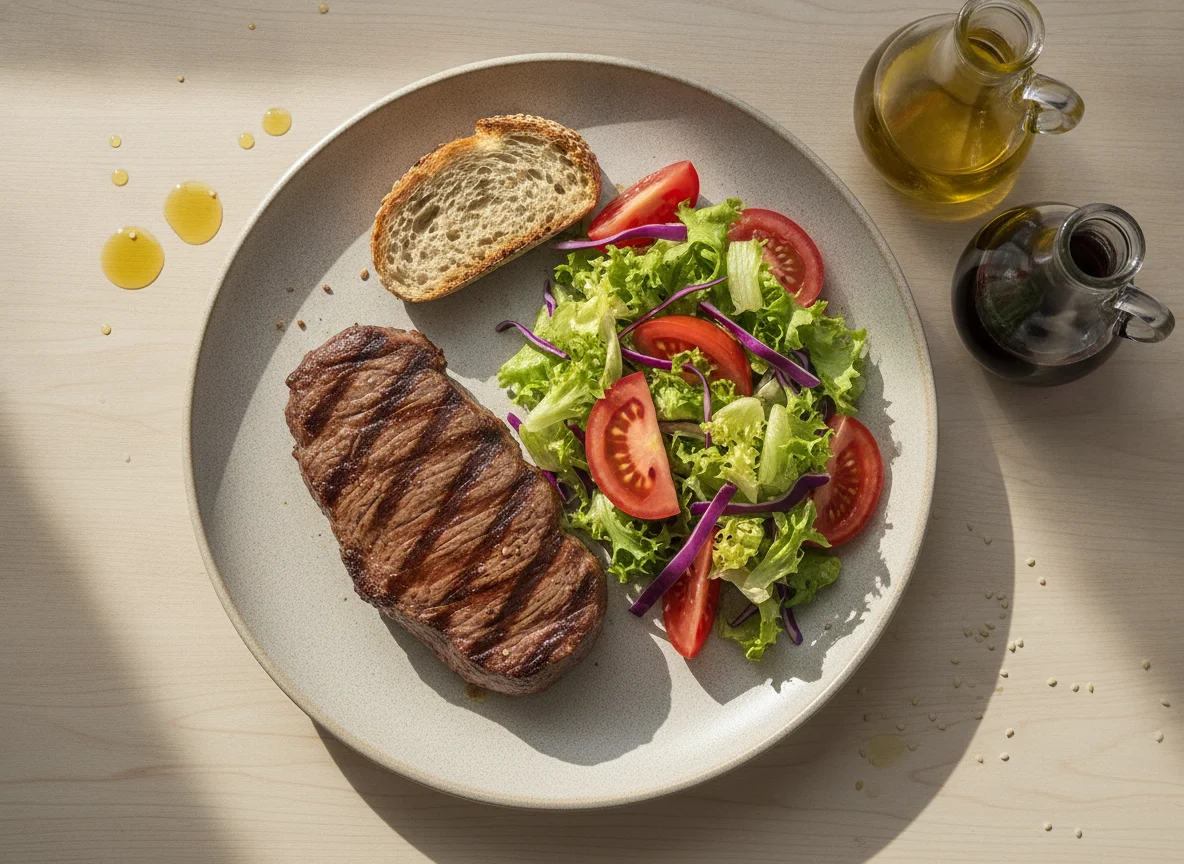 Filete de ternera con ensalada y pan de sésamo photo