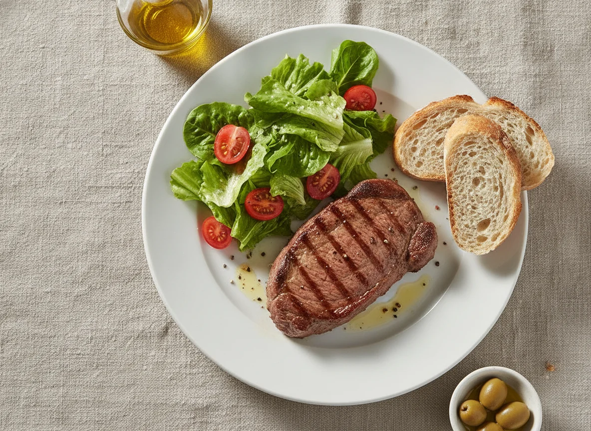 Filete de ternera con ensalada y pan photo
