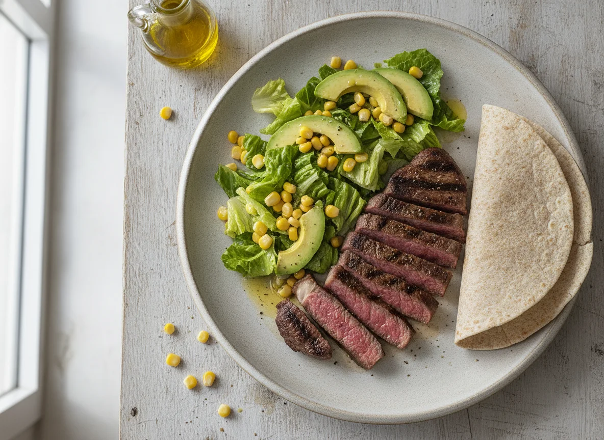 Filete de ternera con ensalada y tortilla de trigo photo