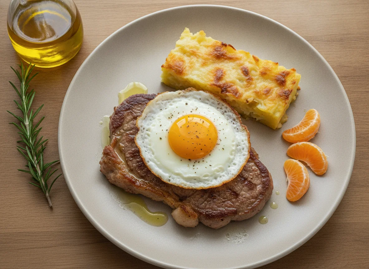 Filete de ternera con huevo frito, patatas gratinadas y mandarina photo