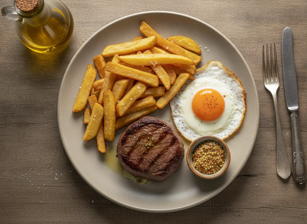 Filete de ternera con patatas fritas, huevo y mostaza photo