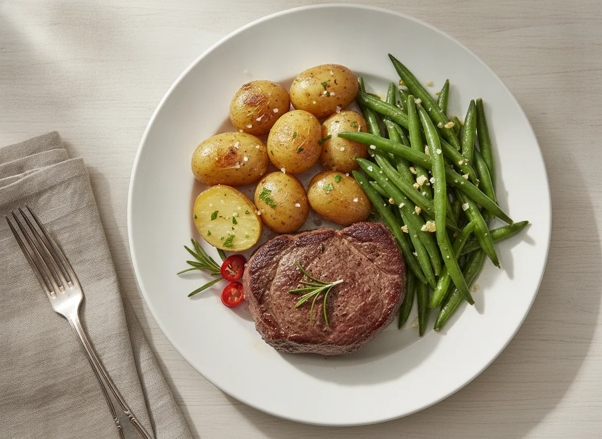 Filete de ternera con patatas y judías verdes photo