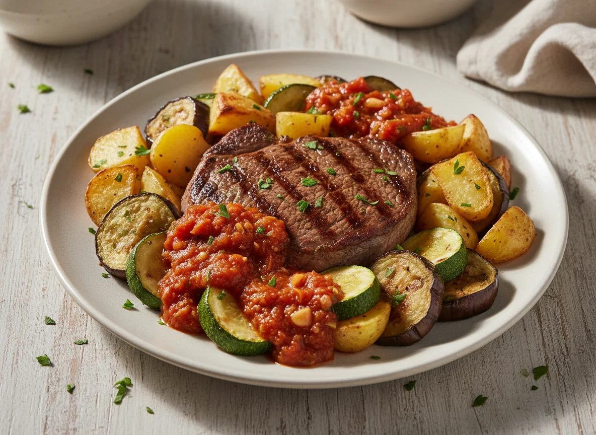 Filete de ternera con patatas y verduras asadas photo