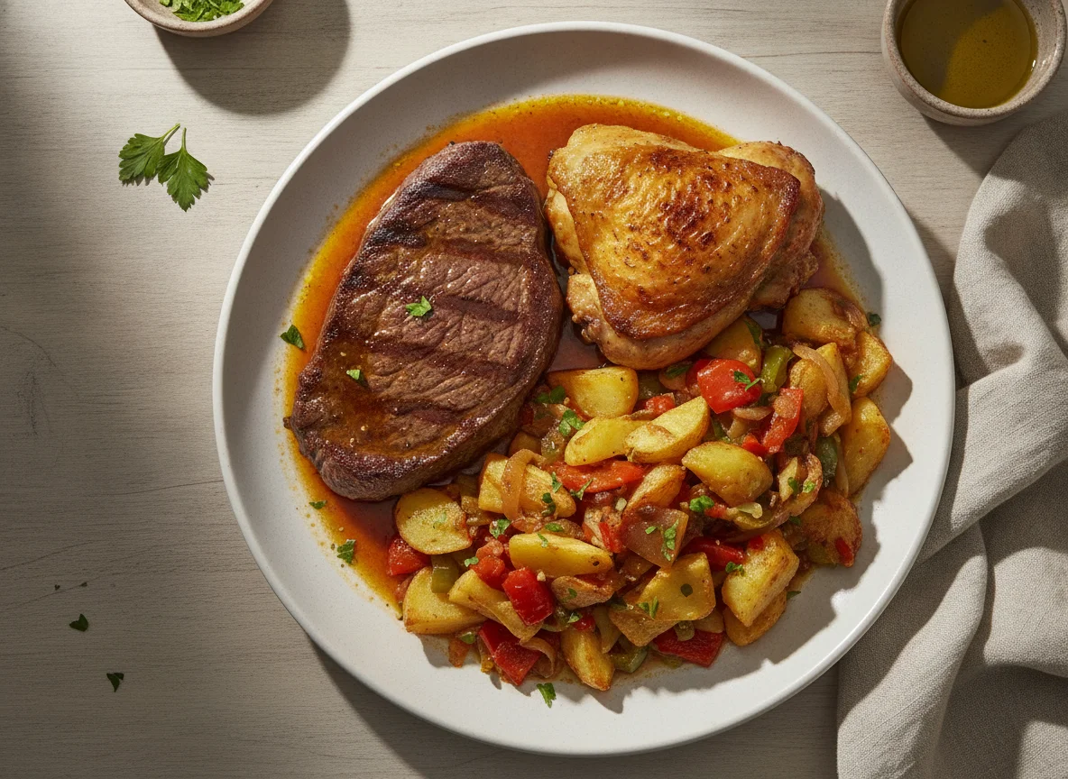 Filete de ternera con pollo asado y patatas a lo pobre photo