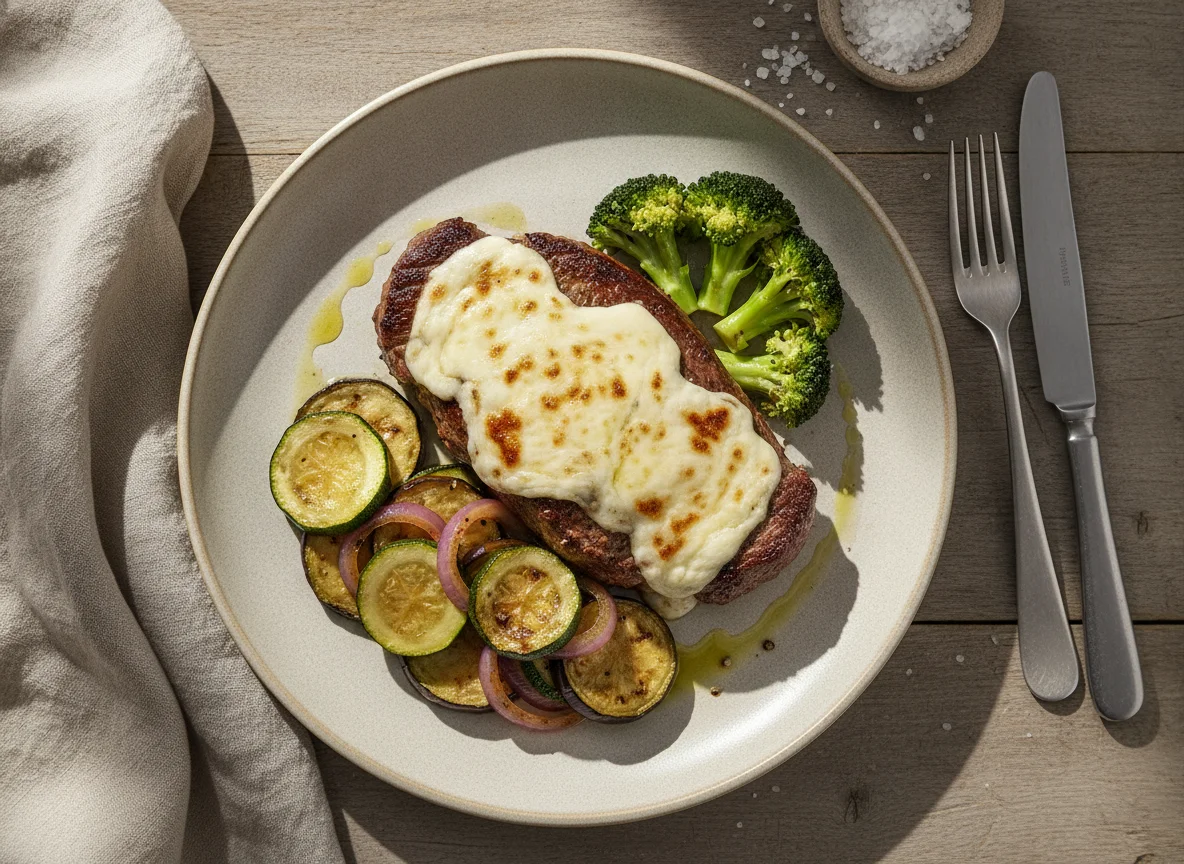 Filete de ternera con queso, brócoli y verduras salteadas photo