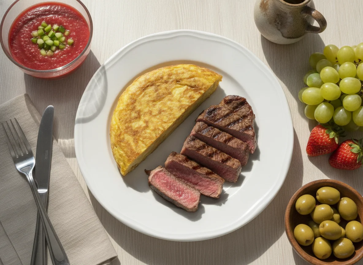 Filete de ternera con tortilla de patatas, gazpacho y fruta photo