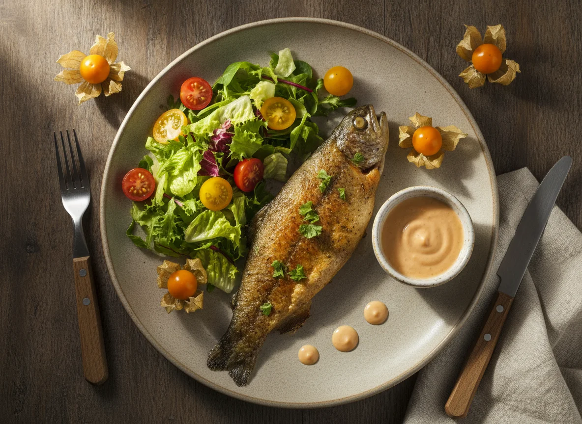 Filete de trucha con ensalada y uchuvas photo
