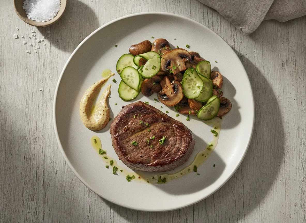 Filete de vacuno con champiñones, pepino y mostaza Dijon photo