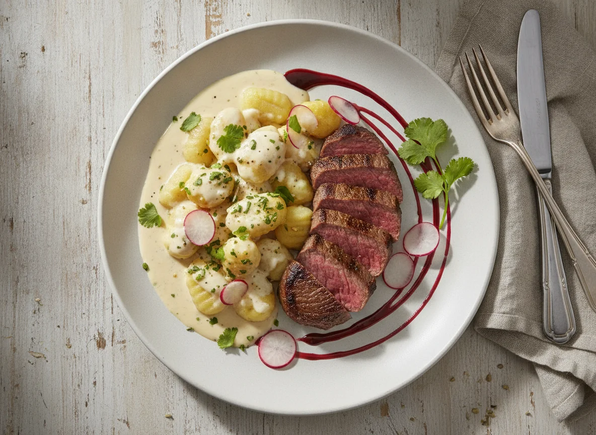 Filete de vacuno con ñoquis en salsa de queso y reducción de vino tinto photo