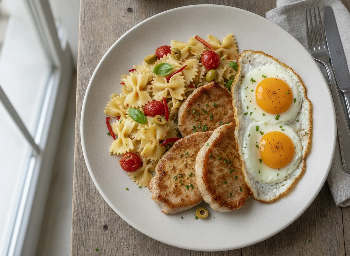 Filetes de cerdo con pasta y huevos fritos photo