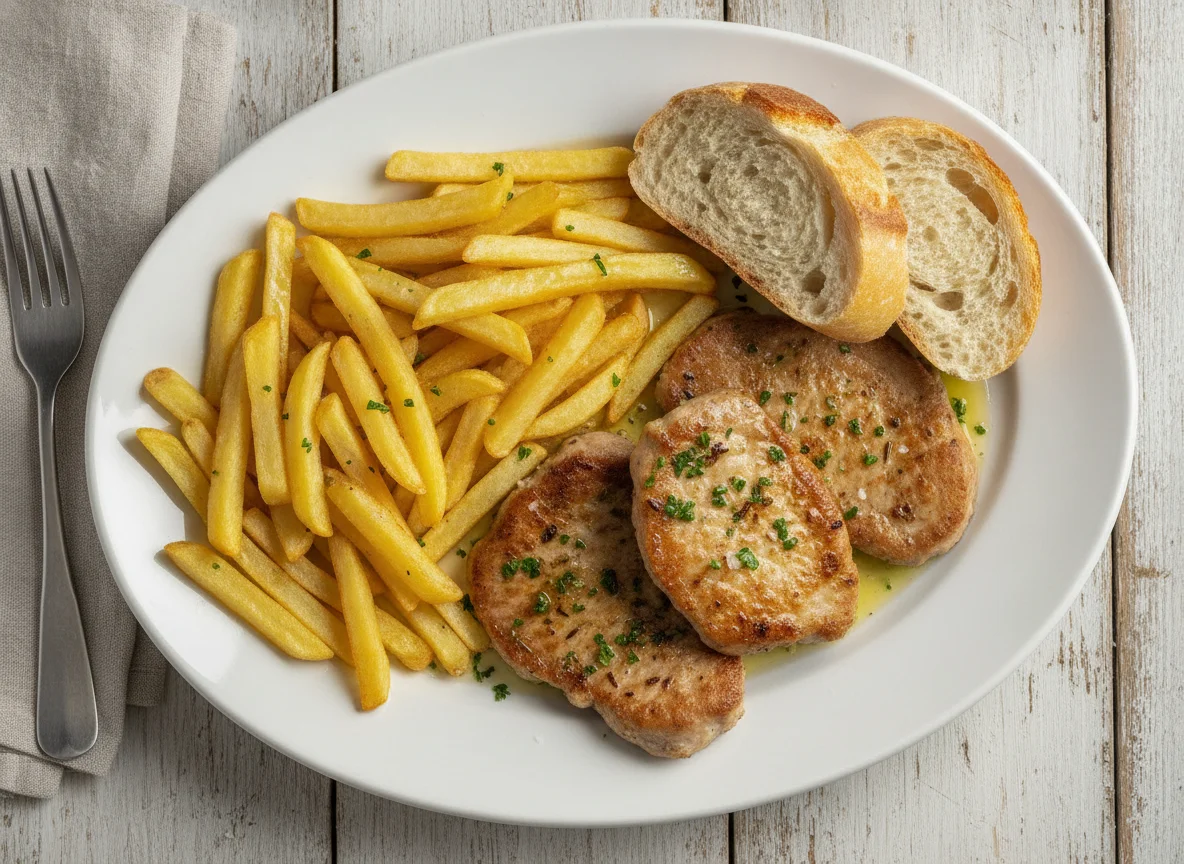 Filetes de cerdo con patatas fritas y pan photo