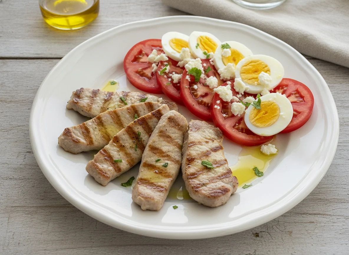 Filetes de lomo con ensalada de tomate y huevo cocido photo