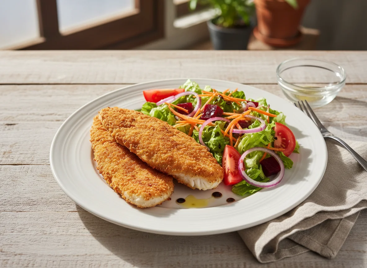 Filetes de pescado apanados con ensalada photo
