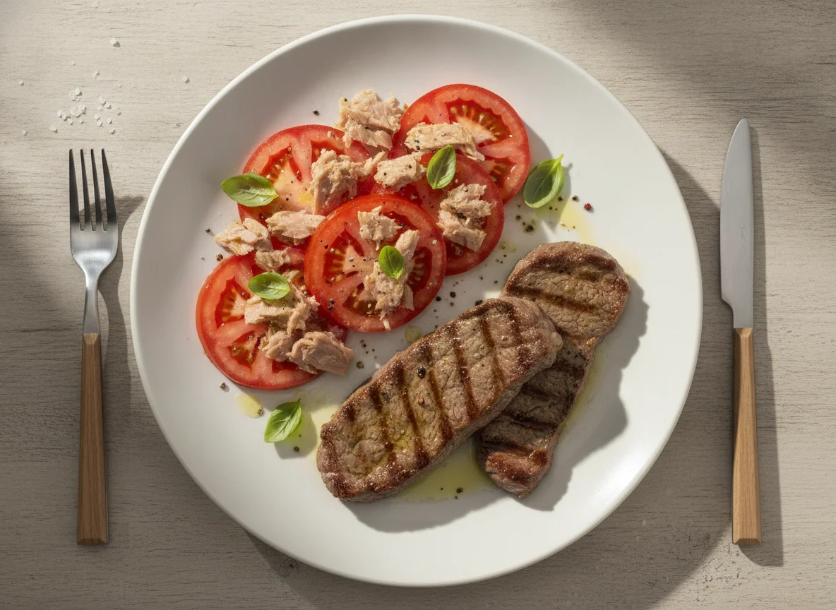 Filetes de ternera con ensalada de tomate y atún photo