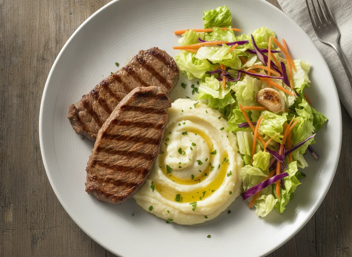 Filetes de ternera con puré de patatas y ensalada photo