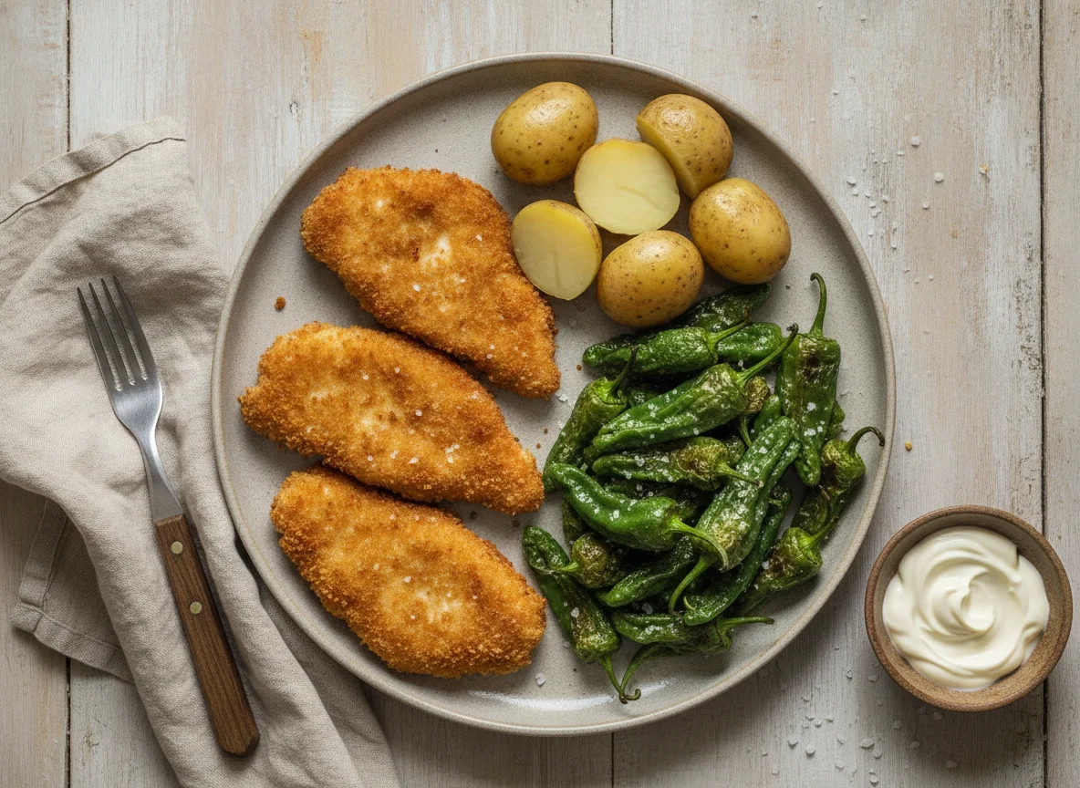 Filetes empanados con patatas y pimientos de Padrón photo