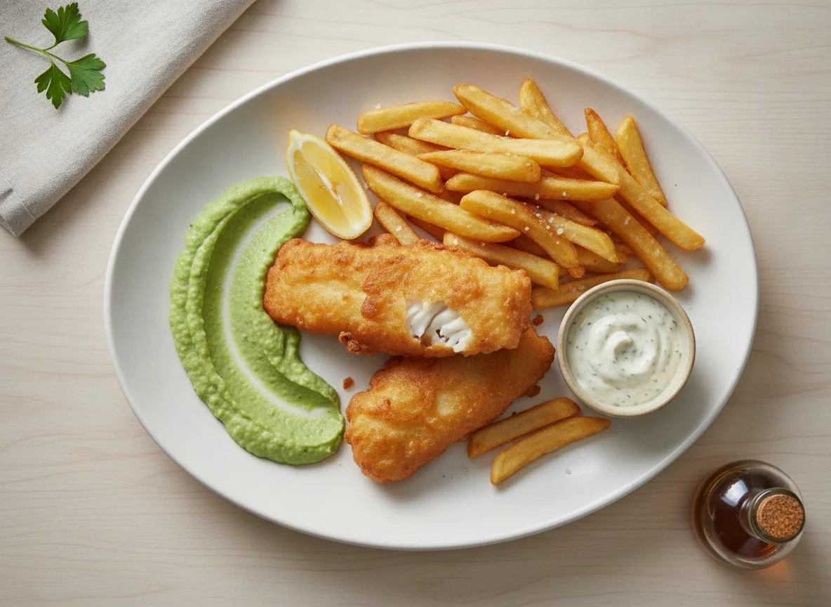 Fish and Chips con puré de guisantes y salsa tártara photo