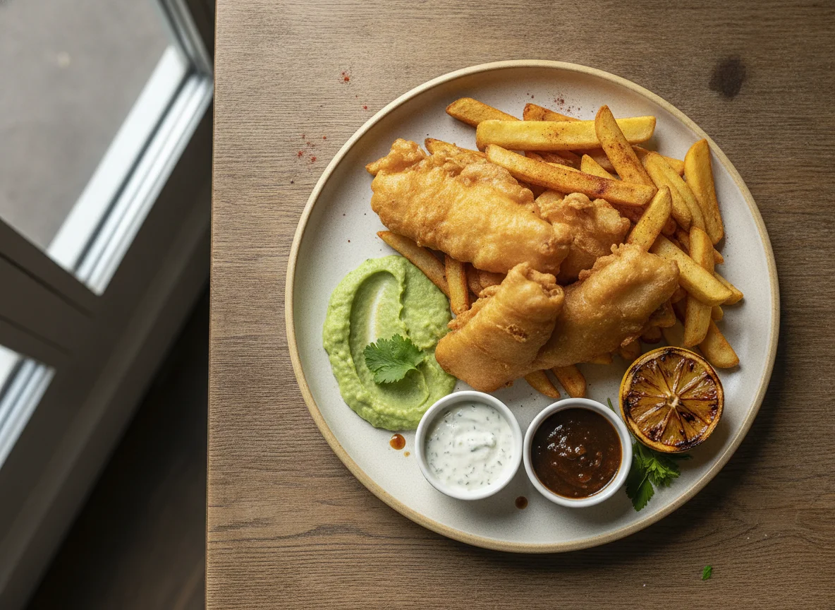 Fish and Chips con puré de guisantes y salsas photo