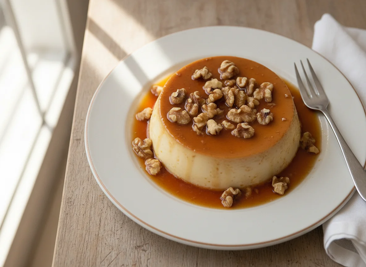 Flan con caramelo y nueces photo