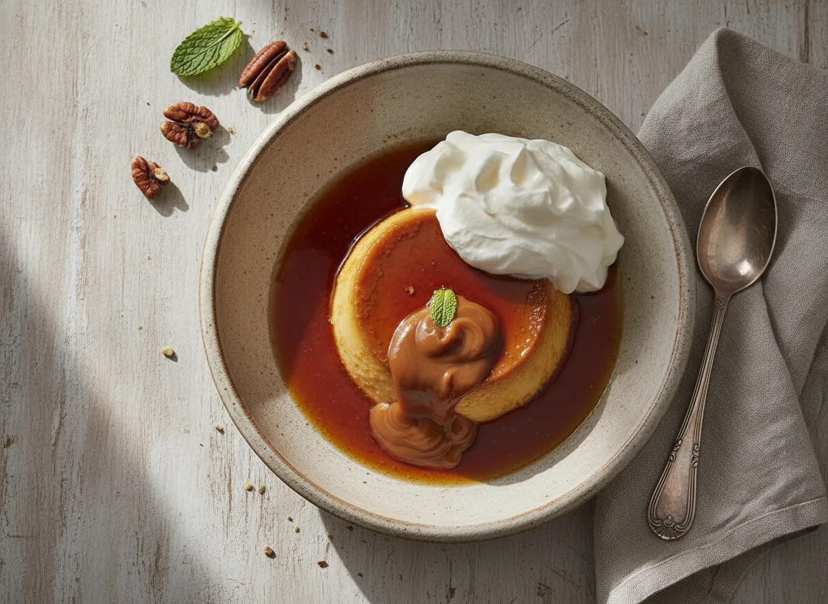 Flan con crema y dulce de leche photo