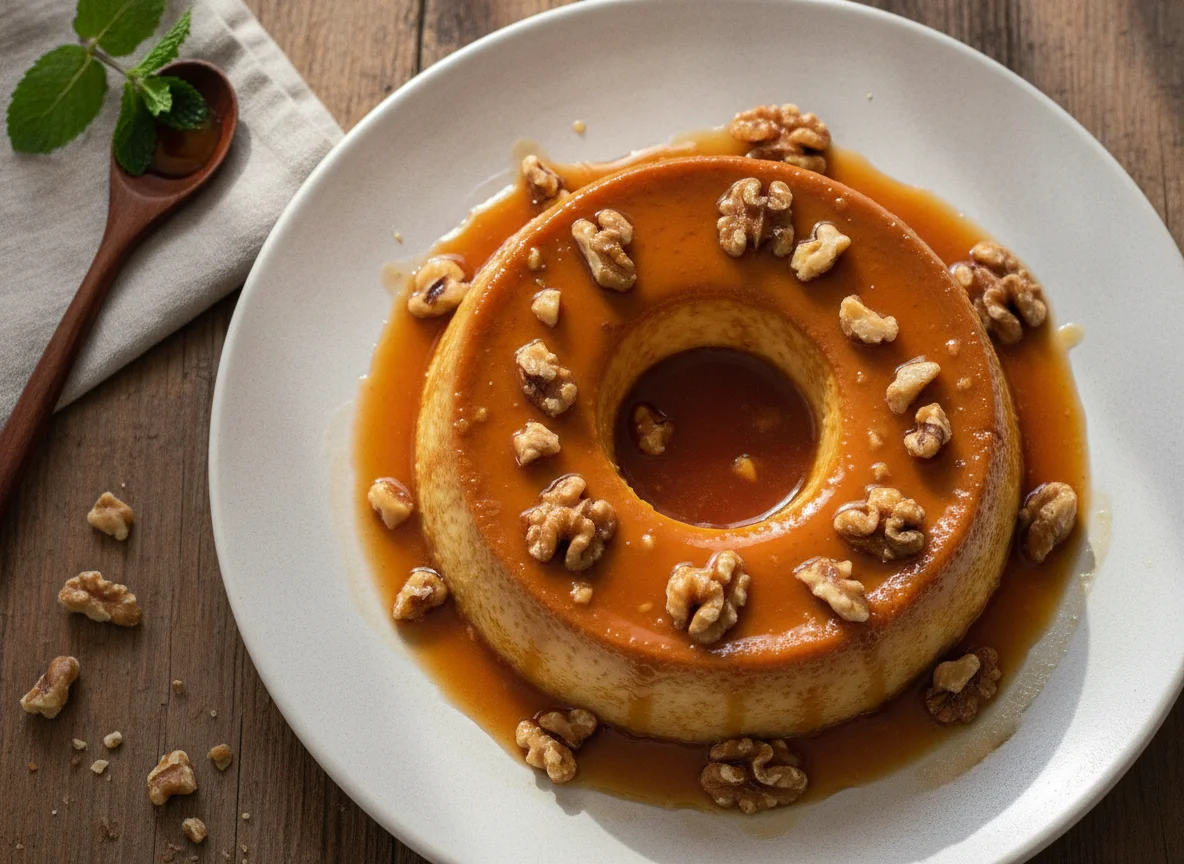 Flan con salsa de caramelo y nueces photo