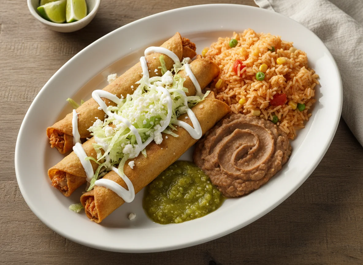 Flautas con arroz y frijoles photo