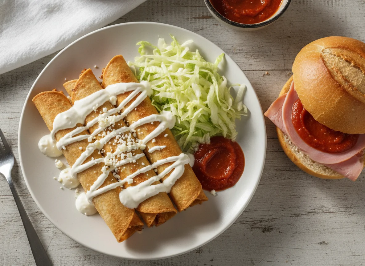 Flautas con crema y torta de jamón photo