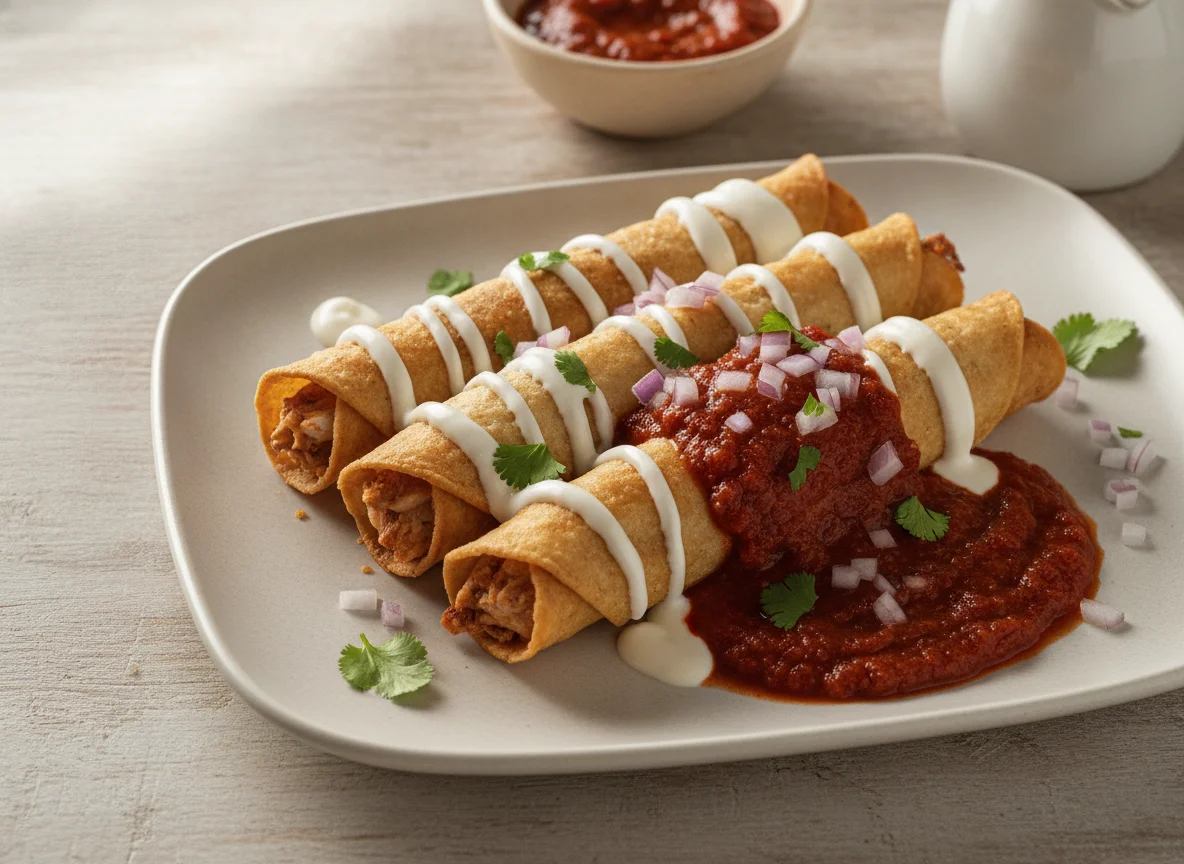 Flautas de pollo con crema y salsa photo