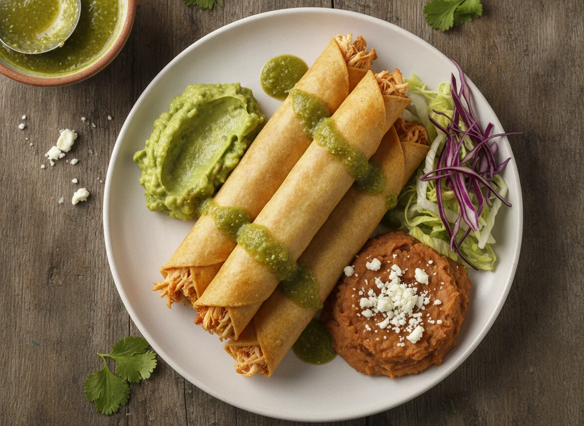 Flautas de pollo con frijoles y guacamole photo