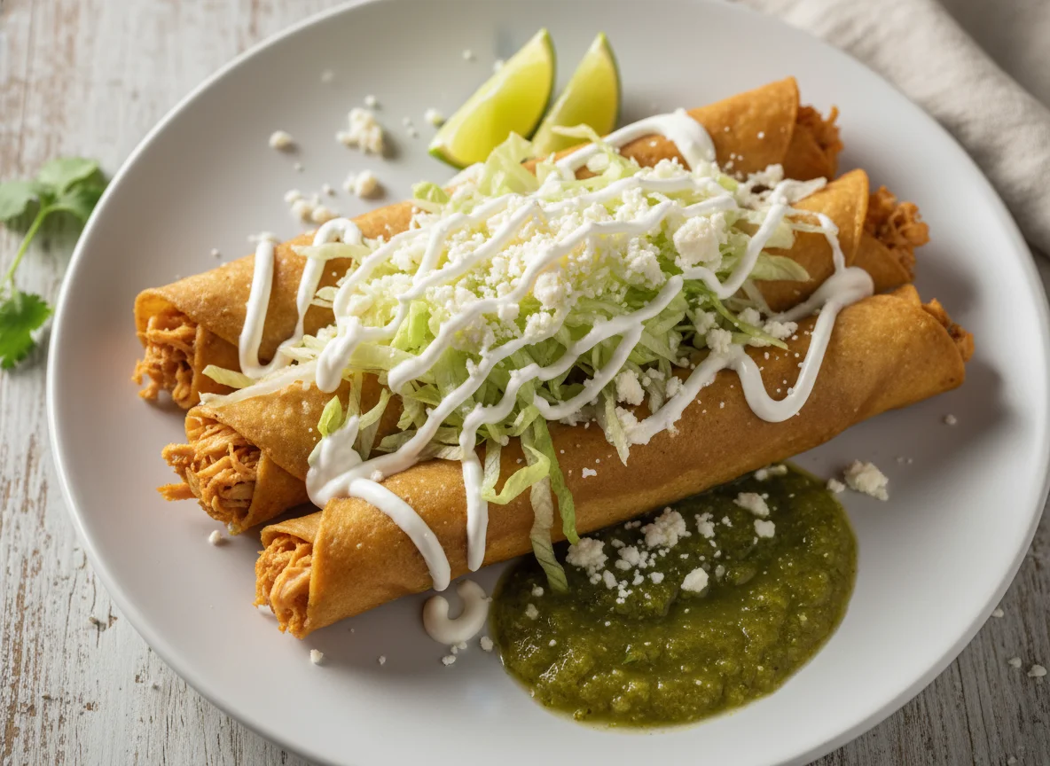 Flautas de pollo con lechuga, crema y queso photo