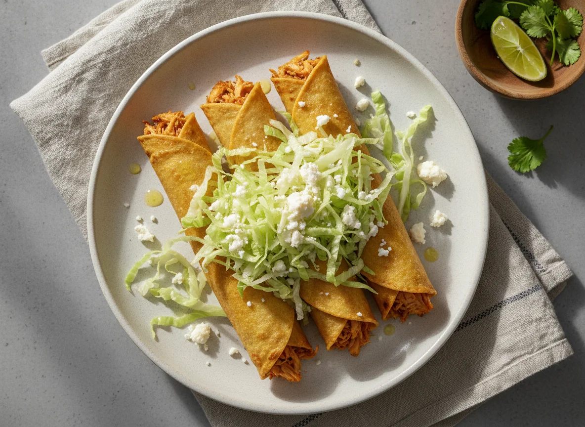 Flautas de pollo con lechuga y queso photo