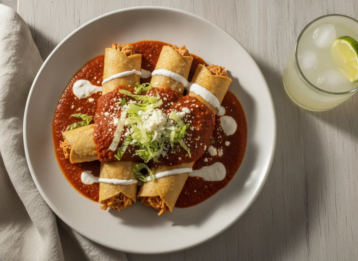 Flautas de pollo con salsa roja y crema photo