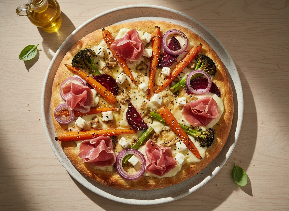 Focaccia con jamón y queso y vegetales asados photo