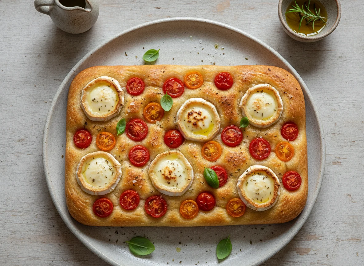 Focaccia de tomate con medallones de queso de cabra photo