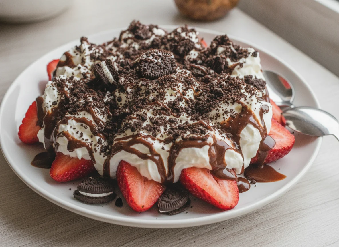 Fresas con crema con chocolate y galleta photo