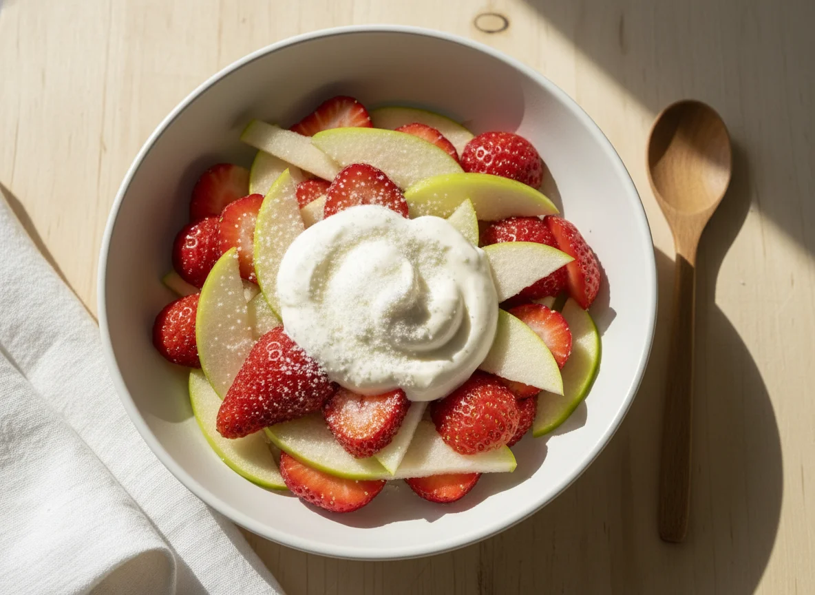 Fresas con crema y manzana photo