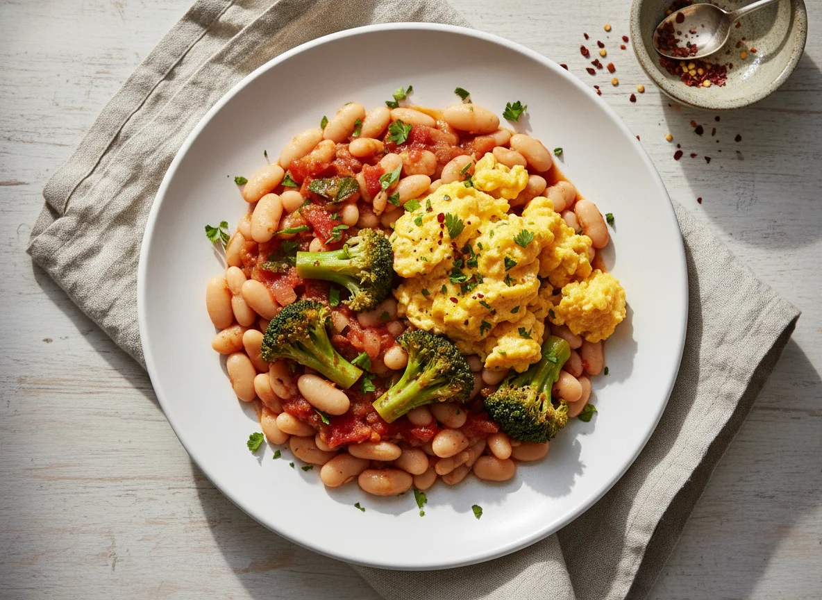 Frijoles blancos con brócoli y huevo revuelto en salsa photo